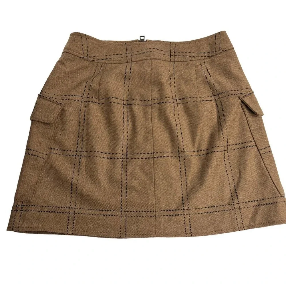 Madewell Zip Front Windowpane Mini Skirt Size 6 NWT Camel Brown Wool